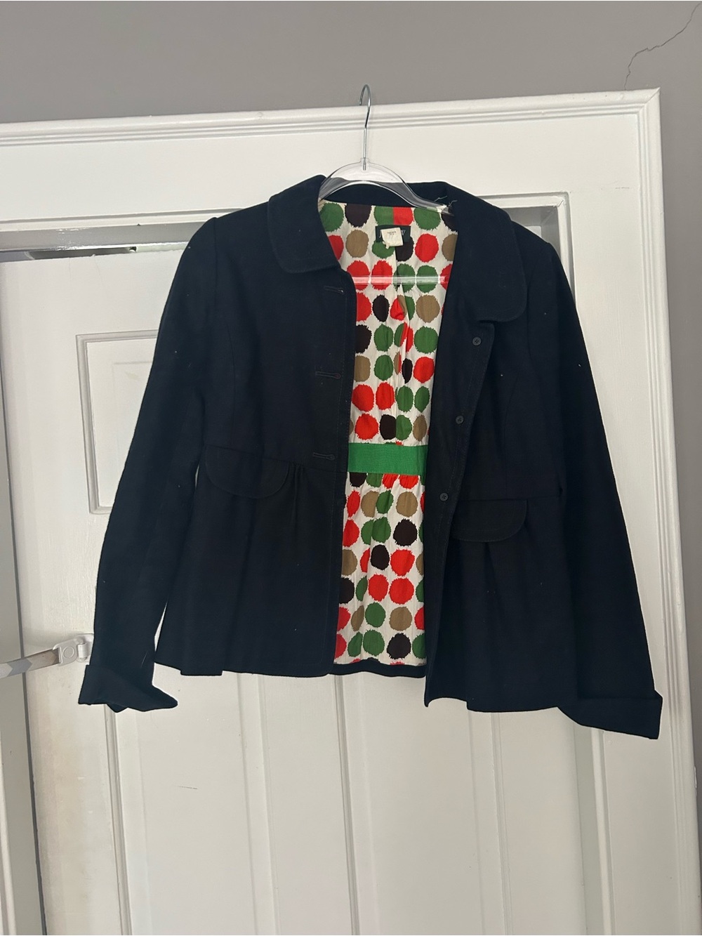 Navy J. Crew Women's Lightweight Jacket with Colorful Polka Dot Lining
